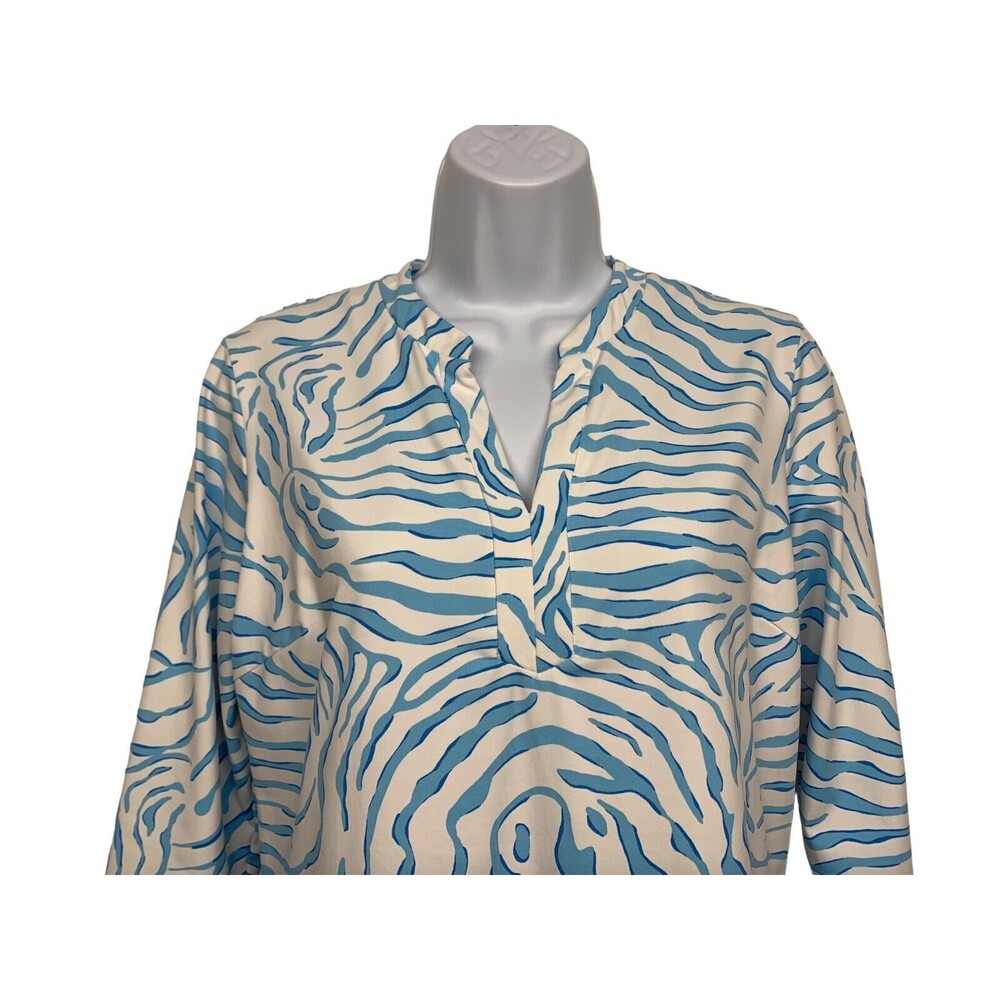 J. McLaughlin Women size S Blue Zebra Print Tunic Top Catalina Cloth 3/4 Sleeve - Picture 2 of 8